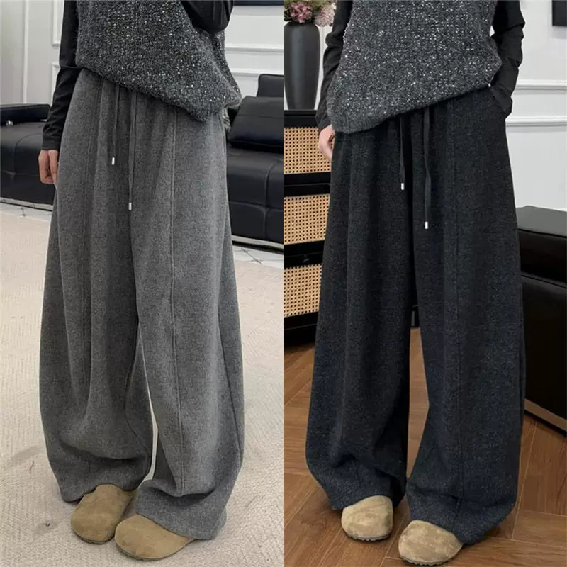 加厚毛呢弯刀裤女秋冬季2025新款高腰显瘦宽松阔腿裤加绒云朵裤子