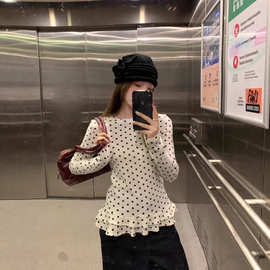 【厂家直销】甜美风白色波点长袖T恤女荷叶边打底衫显瘦内搭上衣