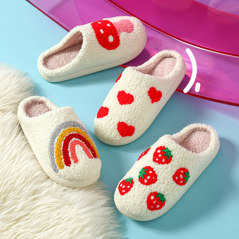 Winter Indoor Home Soft-Soled Non-Slip Couple Pattern Fruit Heart Cotton Slippers Cross-Border Mushroom Smiley Cotton Slippers for Women