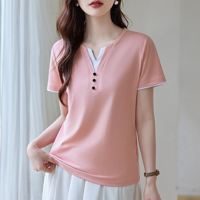 正肩v领短袖t恤女2025新款夏季爆款女装宽松假两件上衣中年体恤衫