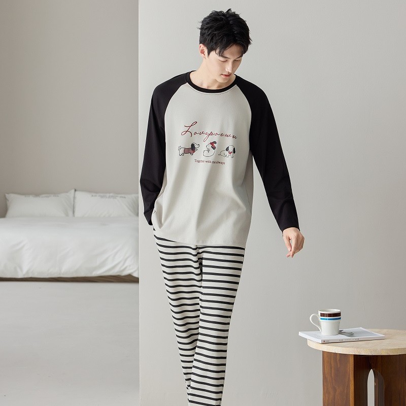 Pajamas for Men, Autumn Long-Sleeved Teenagers, Widened Plus Size, Spring and Summer Casual and Comfortable Cartoon Students Can Be Worn Outside