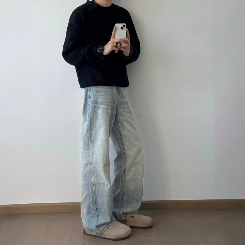 RDT Men's Wear | cleanfit Washed Old Vintage Ice Blue Cream Falling Cat Must Scratch Slight Jeans Men