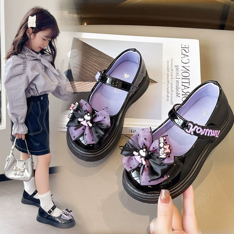 Детские туфли-балетки с бантом Куроми, новинка 2025 года, черные кожаные универсальные туфли для девочек постарше, модель «Принцесса»