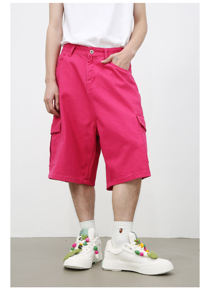Quần short denim nam ống rộng ống đứng lửng 5 tấc phong cách Hàn, form rộng rãi dễ phối đồ — Hồng đào, Màu be nhạt, Màu cà phê, Trắng be chi tiết 11