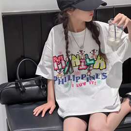 女童短袖纯棉T恤2026新款夏季宽松中大童装卡通印花t儿童半袖体恤