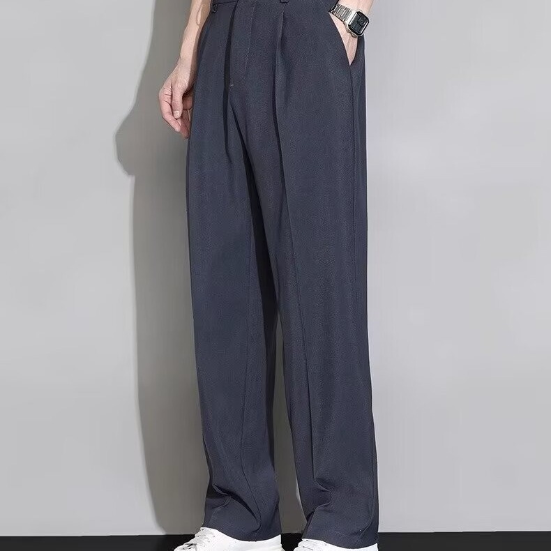 アイスシルクパンツメンズ夏薄いワイドレッグストレートルーズカジュアルパンツハイエンドドレープスーツパンツ|undefined