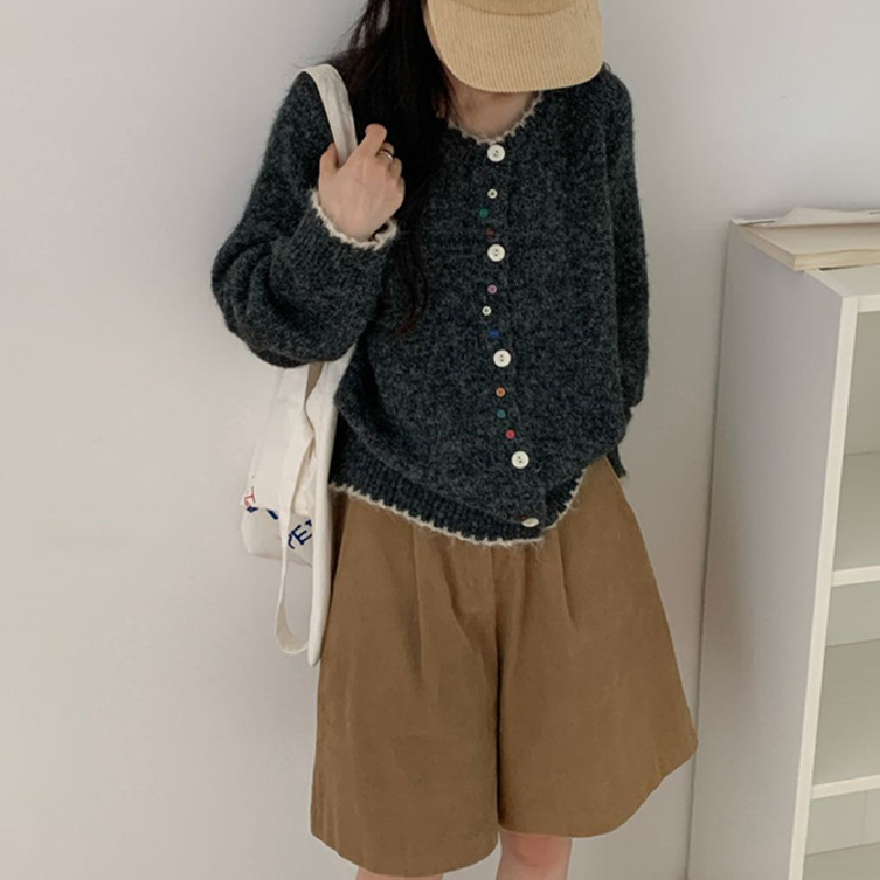 韩版撞色圆领彩扣设计感针织开衫女2025秋冬新款宽松小众毛衣外套|undefined