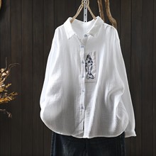 白色衬衣女款2025新款爆款秋季双层棉纱小鱼刺绣文艺简约百搭衬衫