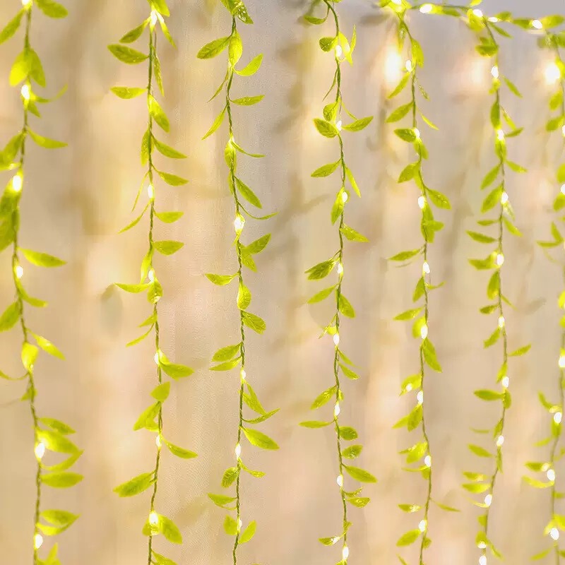 New wicker waterfall light curtain light decoration indoor plant green leaf LED copper wire light decorative light ambiance light