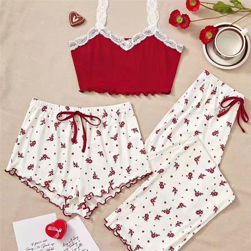 New Sexy Floral Pajamas Women's Suit Summer Thin Trousers Cute Home Clothes Three-Piece Set Trendy Outer Wear