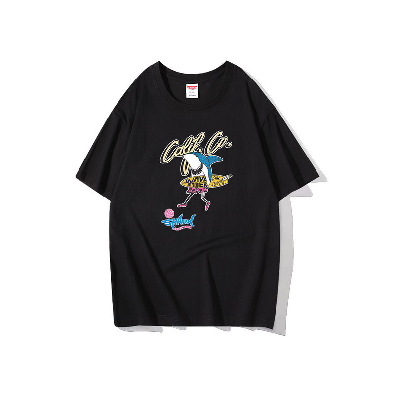 Cross-border hot selling cartoon shark 2D heat transfer men's and women's short-sleeved T-shirt summer cotton T-shirt support customization