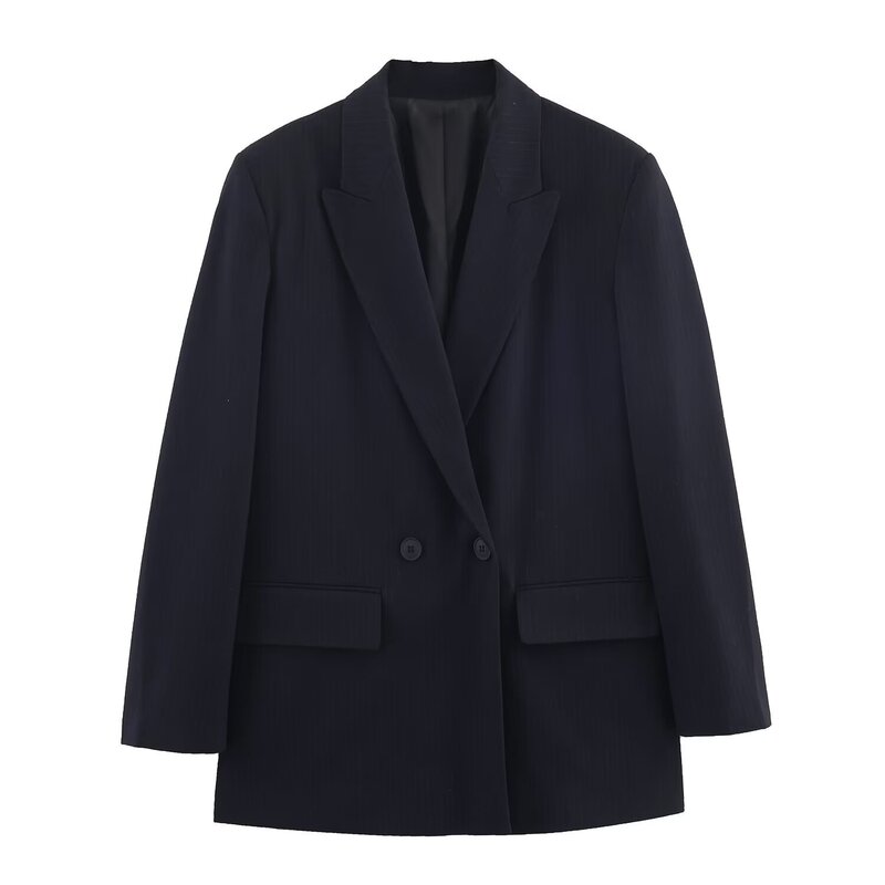 Cross-Border European and American Fashion Aliexpress Popular American Style Double-Breasted Loose Version Professional Pinstripes Small Suit Jacket Cross-Border European and American Fashion Aliexpress Popular American Style Double-Breasted Loose Version Professional Pinstripes Small Suit Jacket