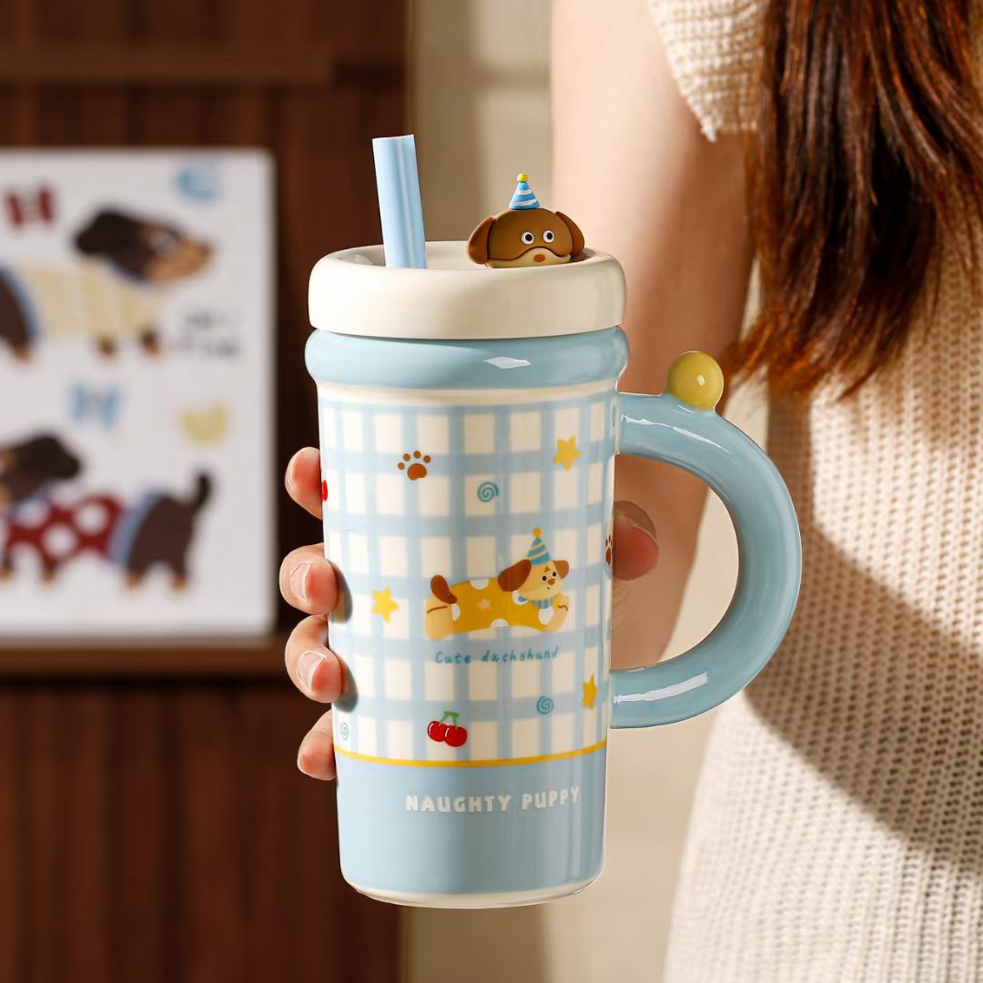 Capacidad de dibujos animados de gran tamaño taza de regalo de mano hermosa taza de paja de alto valor facial en línea para niños niñas taza de agua