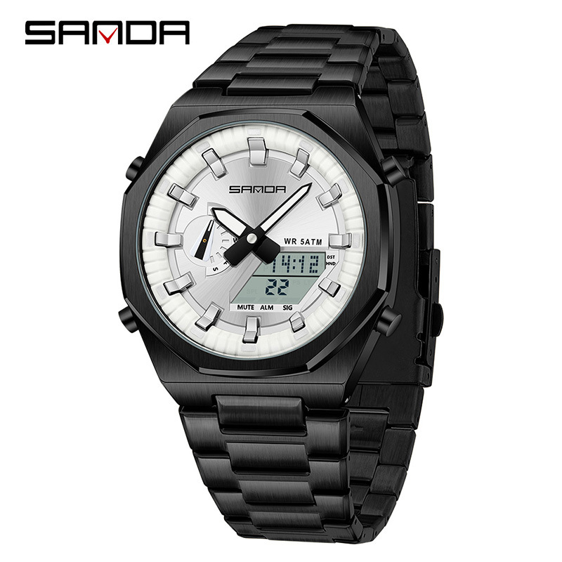 SANDA SANDA reloj electrónico sincronizado doble pantalla multifuncional reloj de hombre octogonal cuenta atrás reloj de pulsera de luz nocturna 3376