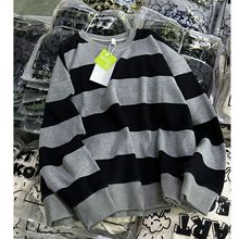 时尚潮流长袖黑灰条纹卫衣女装春秋季韩版宽松休闲慵懒风百搭上衣