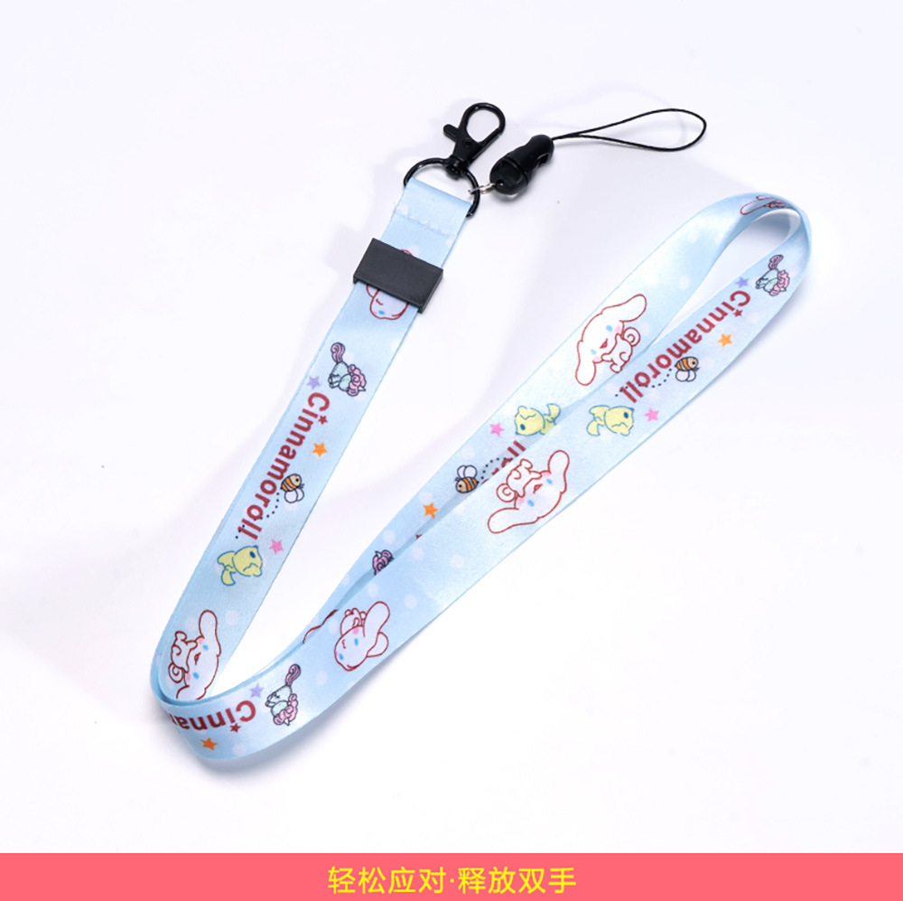 Halter creativo de dibujos animados cuerda larga poliéster transferencia térmica correa de muñeca desmontable Halter Cordón de teléfono móvil hebilla de metal de doble cara