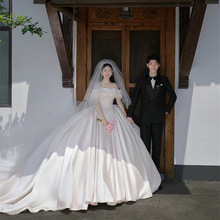 影楼情侣写真摄影服饰新款法式复古简约风户外甜美公主一字肩婚纱