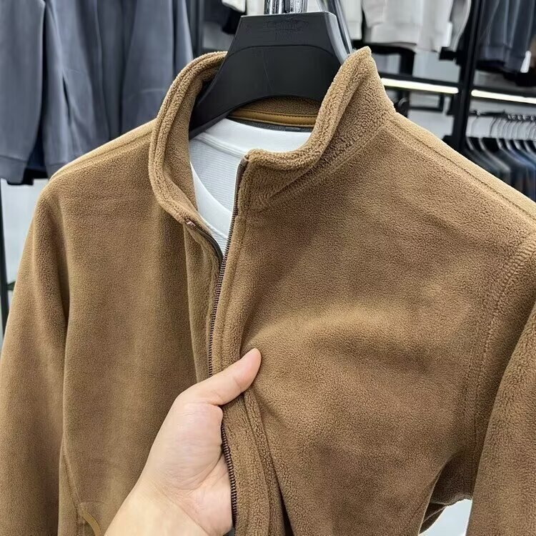 Ao Grain Fleece Sweater Men's Vertical Collar Zipper Cardigan Jacket Spring and Autumn Men's Warm Polar Fleece Solid Color Jacket Casual