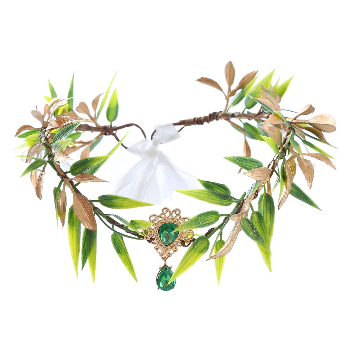 Barroco retro mori elegante verde diadema tocado elfo hoja de oro fruta verde frente colgante elfo banda de pelo