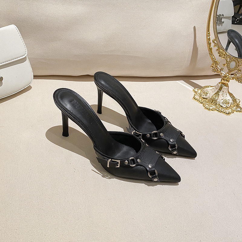 2024 New Pointed High Heels Fashion Shoes Punk Style Versatile Baotou Half Support Sandals Women's_voghion.com
