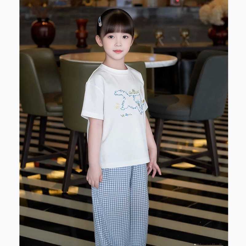 童装夏季新款蓝色清新小众女童纯棉轻薄格子阔腿裤套装2025|undefined