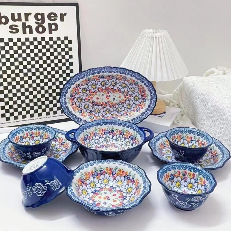 Polish color ceramic underglaze tableware suit retro style whole suit tableware household rice bowl dish fish plate soup bowl