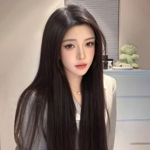 Forehead Lace Middle Parted Bangs Wig Female Full Headgear Goddess Black Long Straight Artificial Natural Age-Reducing Wig