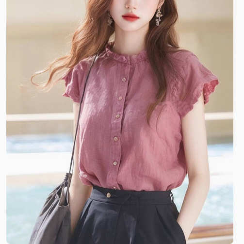 木の耳元の立襟の亜麻の小さい飛の袖のシャツの女性のモコの魚の元は小さい大衆の夏の独特で美しいシャツを作ります。|undefined
