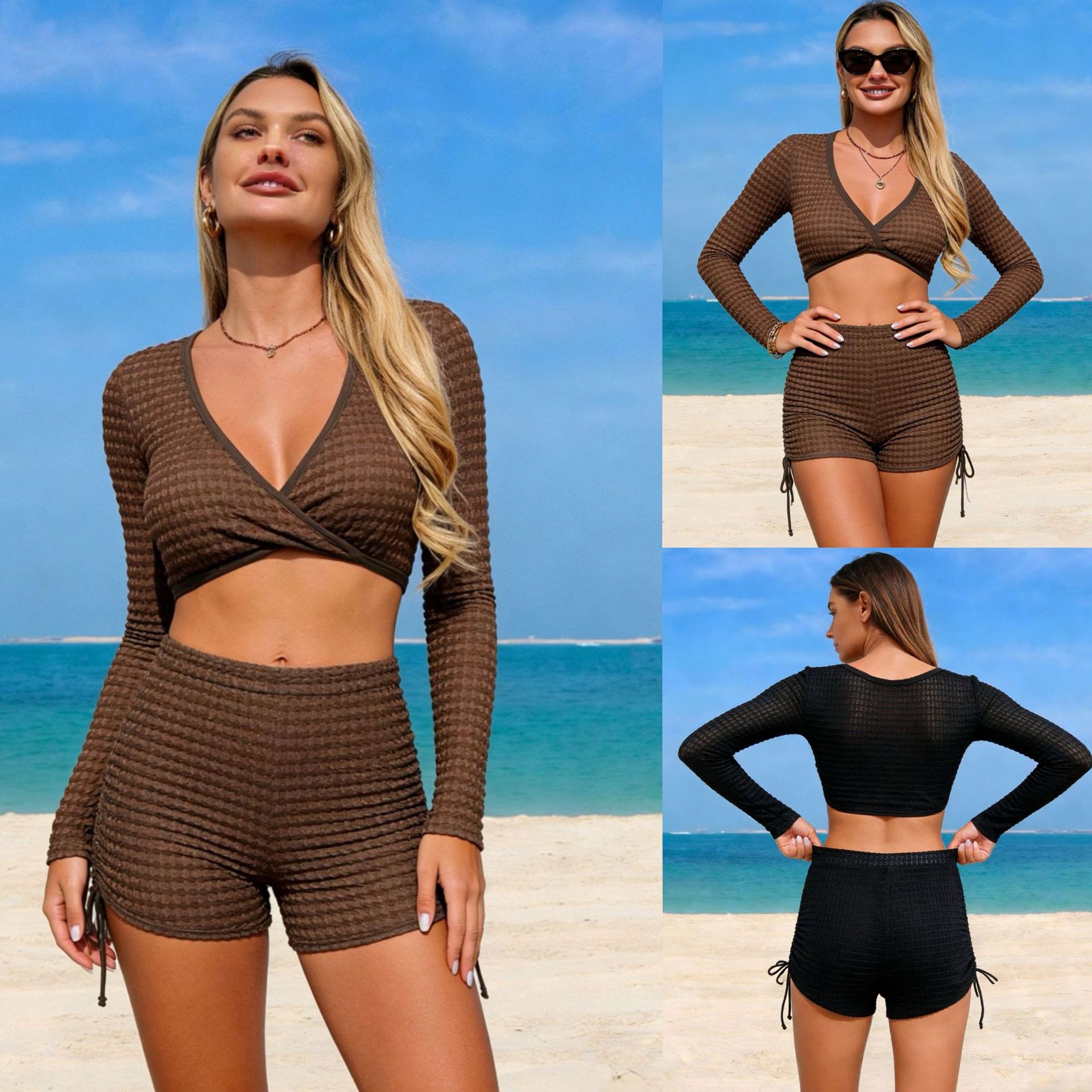 Costume da bagno da donna due pezzi, modello conservatore, a maniche lunghe, con copertura modesta, nero marrone, dalla S alla XL_voghion.com