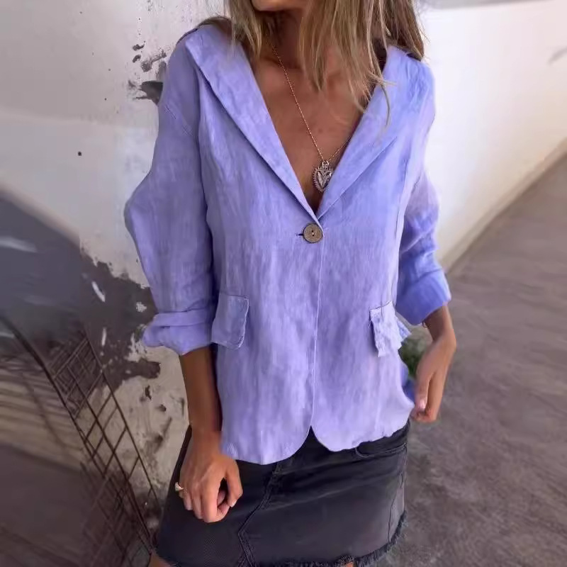 Early Autumn Literary And Artistic Large-Size Loose Cotton Linen Suit Collar With Buttoned Jacket For Women_ecoleips.com