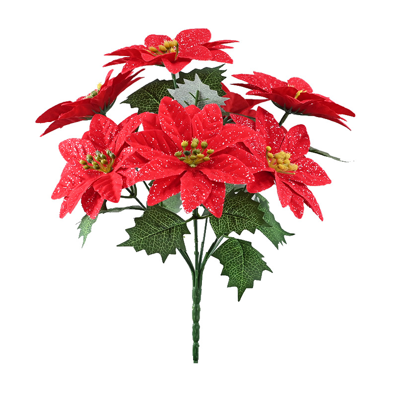 Simulación de 7 flores de Navidad tela de vello flor de Navidad decoración de Año Nuevo decoración de árbol de Navidad cabeza de flores de Navidad