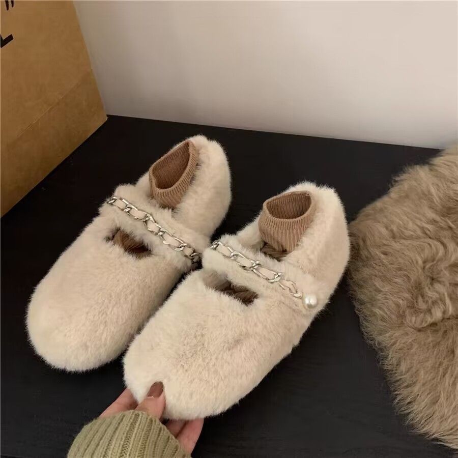 Cute white flat shoes furry shoes for women outer wear 2024 new…