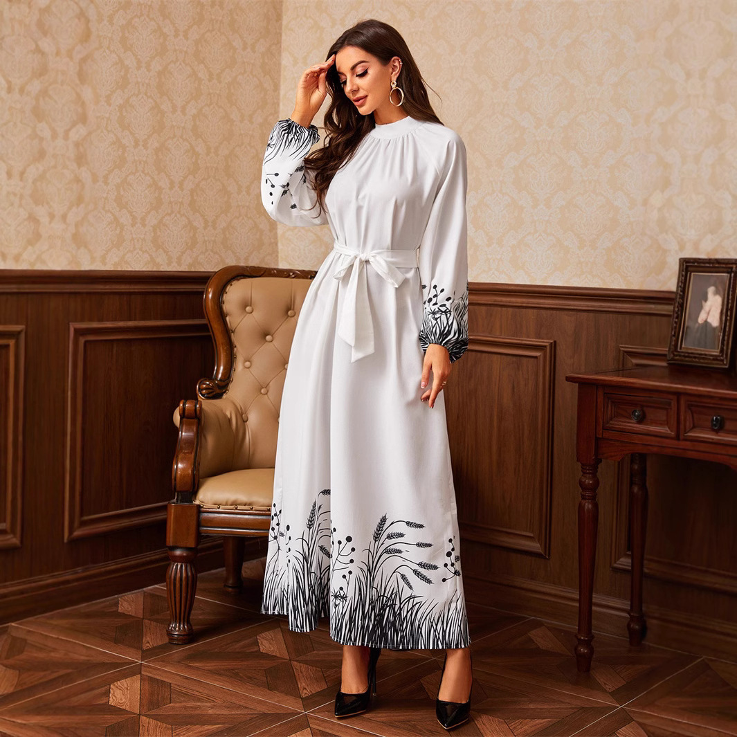 Grenzüberschreitendes Frühlings- und Herbstkleid für den Außenhandel, heiß begehrt, nahöstliches arabisches bedrucktes langes Kleid mit Gürtel, Rundhalsausschnitt und langem Kragen_voghion.com