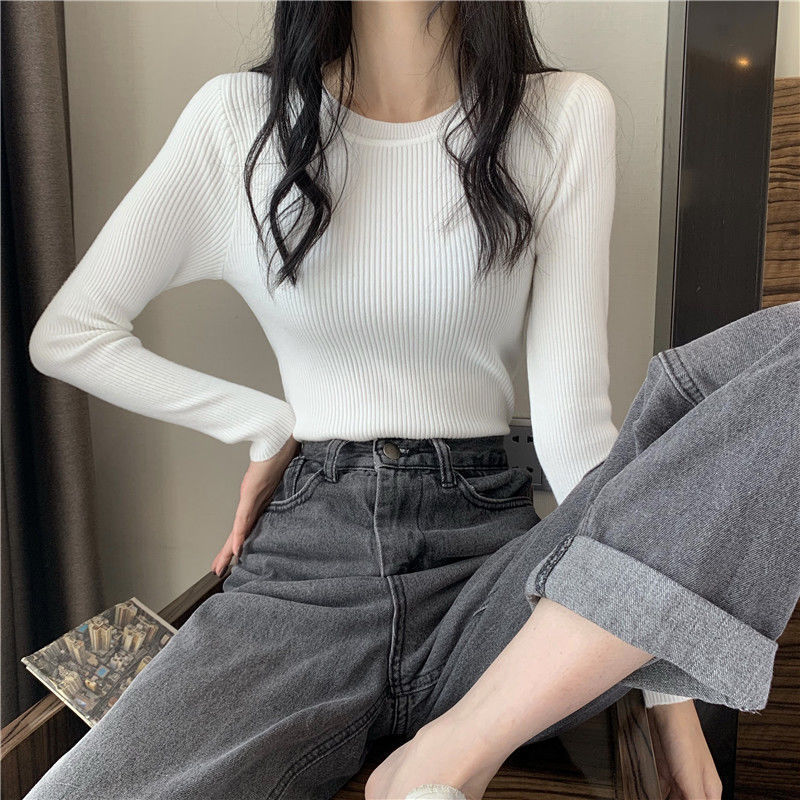 Sweater Women's Autumn and Winter New Black and White Inner Base Shirt Women's Round Neck All-match Sweater Slim-fit Long-sleeved Top Trendy