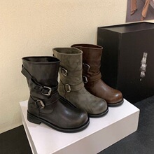 中筒靴粗跟显瘦秋冬设计骑士靴感靴皮带扣女百搭西部机车靴复古风