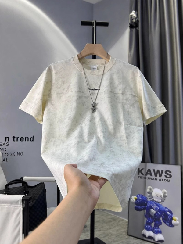2025 夏の新メンズ半袖 Tシャツ無地シンプルなトレンディな若者ハイエンドシャツ絞り染めレタートップ|undefined