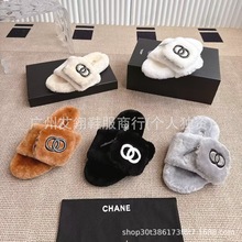 2025秋冬新款小香风口袋拉链一字拖毛毛鞋女外穿防滑厚底棉拖鞋潮