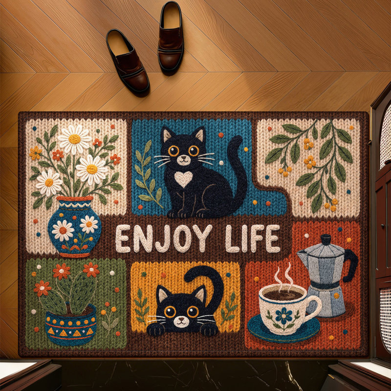 Entrance door mat in vintage style with cat design, dust-removing and non-slip, home shower room absorbent linen diatomite mat Entrance door mat in vintage style with cat design, dust-removing and non-slip, home shower room absorbent linen diatomite mat