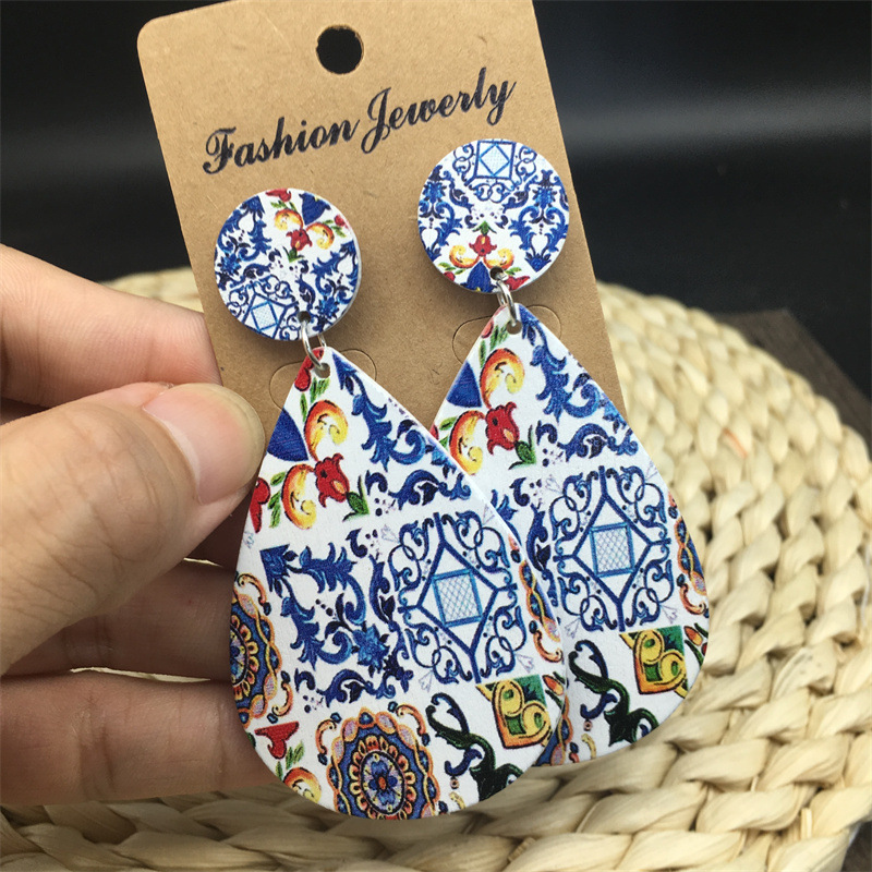 Wood Material Printing, Water Droplets Pattern Women'S Gender Bohemian Printing Water Droplets Wood Women's Drop Earrings 1 Pair