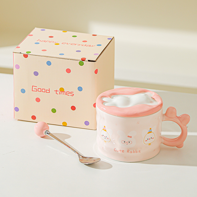 Conejo de dibujos animados con tazas de cerámica con tapa para niñas tazas de marca resistentes a altas temperaturas lindas tazas de agua creativas tazas de oficina pequeñas tazas de regalo