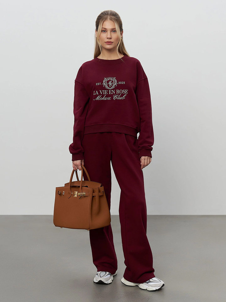 Bộ đôi áo nỉ thêu và quần dài nữ phong cách casual — Màu trắng nhạt, Màu xanh hải quân, màu xám, nâu sẫm chi tiết 47