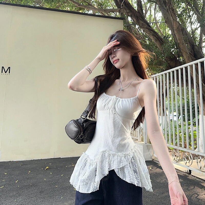 [Original Fabric] Irregular Splicing White Camisole Women's Summer Outer Wear with Ruffled Lace on the Beach