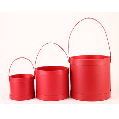 Circular Handbag Red Leather Hug Basket Gift Box Maid of Honor Gift Packaging Box Flower Bouquet Flower Vase
