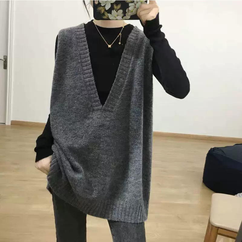 韩国中长款宽松大码毛衣女百搭背心外穿简约慵懒风深V领针织马甲