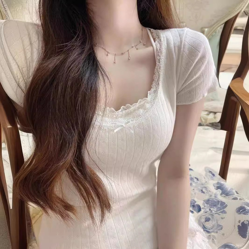 Bm Style Pure Desire Lace Hole Eye Zellytop Girl Ballet Style White Short-Sleeved Short T-Shirt Top Summer