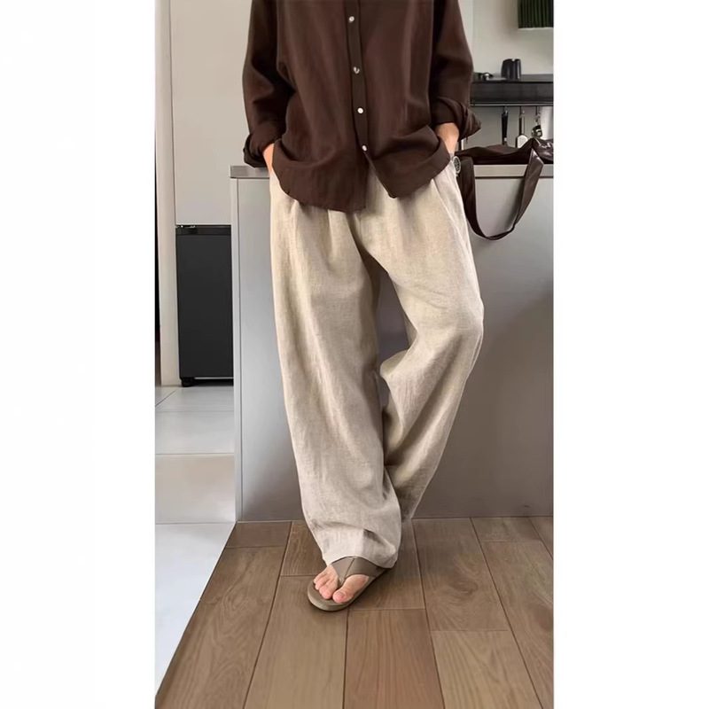 Nasa Linen Casual Pants for Men, Spring and Autumn, Korean Style Old Money Style, Khaki Color, Loose Straight Wide-Leg Pants, Floor-Length Trousers