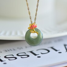 s925银镶和田玉平安环珐琅吊坠和田玉纯银吊坠女珐琅金镶玉平安锁