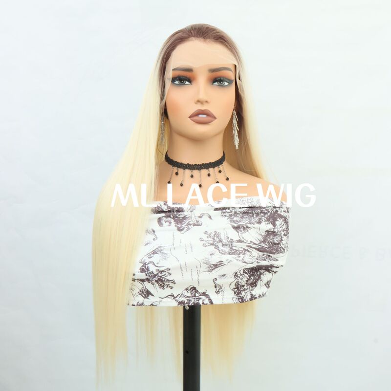 Front Lace Hand-Crocheted Wig with Gradient Golden Chemical Fiber Daily Wig with Random Seams and Long Straight Hair