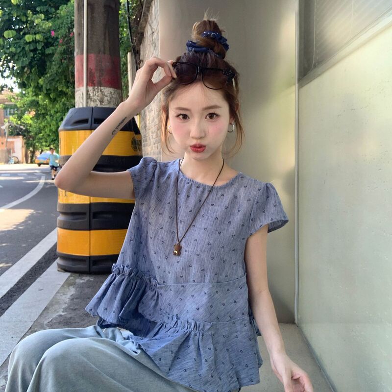 2025爱心印花压皱花边短袖衬衣女夏季气质休闲小衫不规则拼接上衣|undefined