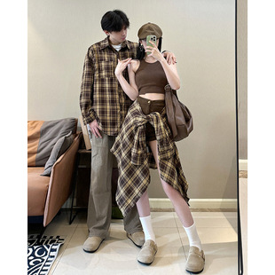 2024 Real Shot Couple Dress Retro Plaid Long Sleeve Shirt Design Sense Lazy Wind Loose Anti-Sunscreen One-Piece Hair